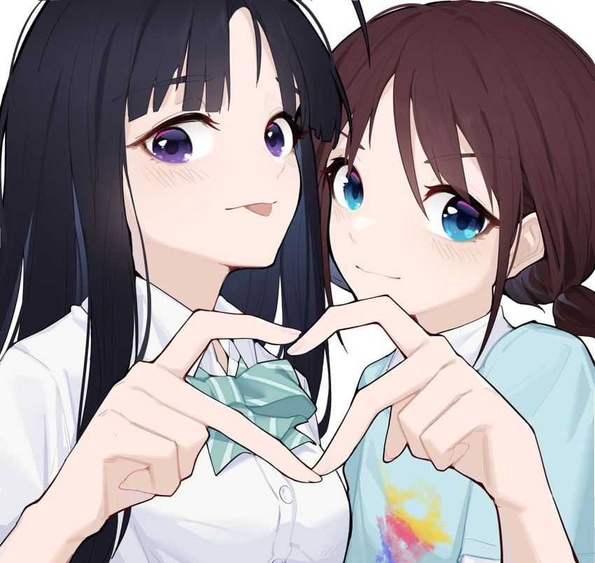 2girls ahoge awa_subaru black_hair blue_eyes bow bowtie brown_hair girls_band_cry heart heart_hands heart_hands_duo highres iseri_nina light_blush looking_at_viewer multiple_girls purple_eyes school_uniform shirt simple_background smile t-shirt tongue tongue_out upper_body white_background yun_cao_bing
