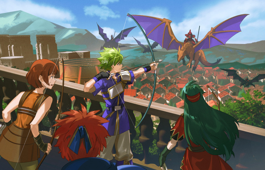 2boys 2girls aiming arrow_(projectile) blue_sky bow_(weapon) brown_hair city commentary_request dorothy_(fire_emblem) dragon fence fire_emblem fire_emblem:_the_binding_blade green_hair holding holding_bow_(weapon) holding_weapon long_hair multiple_boys multiple_girls noki_(affabile) red_hair roy_(fire_emblem) short_hair sky sue_(fire_emblem) weapon wings wolt_(fire_emblem) wyvern