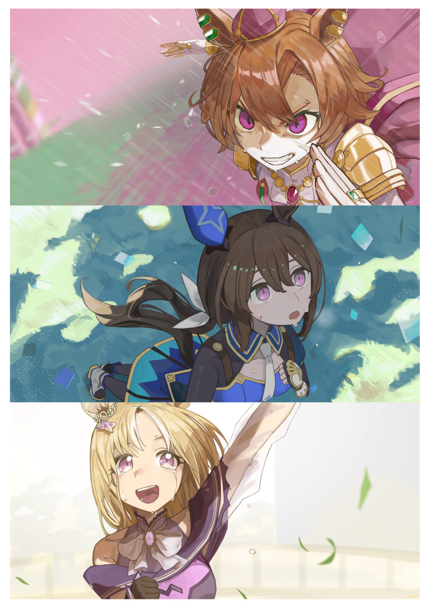 3girls :d absurdres admire_vega_(umamusume) animal_ears arm_up bare_shoulders black_gloves blonde_hair blue_dress blurry blush bow bowtie brown_hair cape confetti crown crying crying_with_eyes_open dress ear_covers ear_ornament fingerless_gloves gloves grass hair_between_eyes hair_ornament hand_on_own_chest happy highres horse_ears horse_girl horse_tail jacket jewelry long_hair long_sleeves looking_at_viewer low_ponytail mini_crown multiple_girls narita_top_road_(umamusume) necktie open_mouth orange_hair pink_cape pink_eyes ponytail purple_eyes ribbon ring running see-through see-through_sleeves shirt short_hair single_ear_cover smile sweat t.m._opera_o_(umamusume) tail tail_through_clothes tears teeth tyaui_(xjju4435) umamusume umamusume:_road_to_the_top upper_body upper_teeth_only waving white_gloves white_necktie