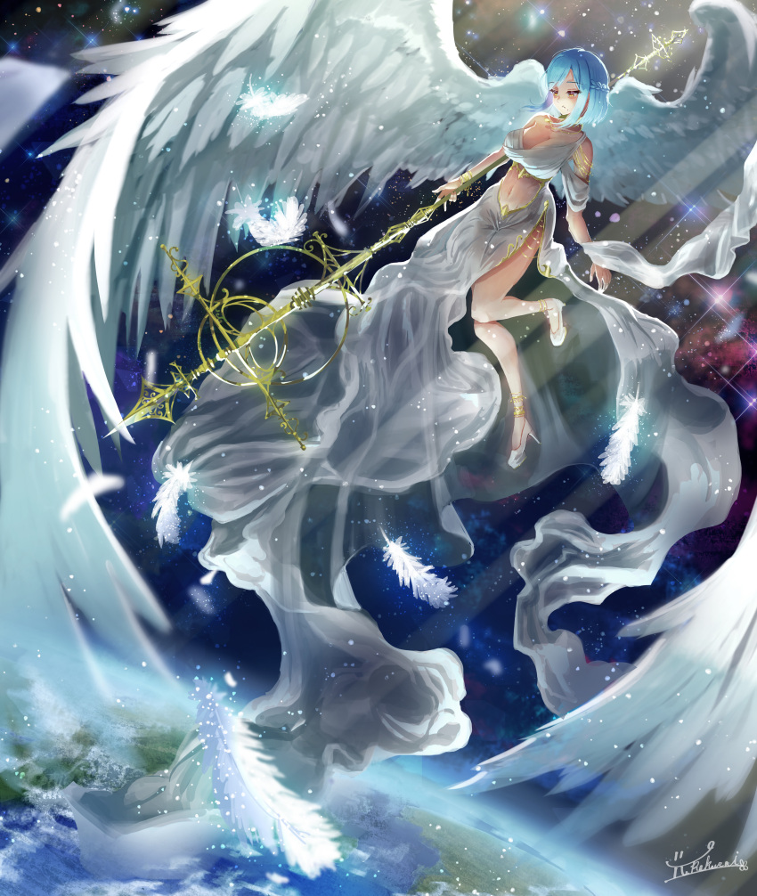 1girl absurdres angel_wings blue_hair bra braid breasts cleavage dress earth_(planet) feathers highres holding holding_polearm holding_weapon large_breasts large_wings mermaid_dress moira_(nijisanji) mole mole_under_mouth nijisanji parted_bangs planet polearm short_hair sidelocks sky smile solo space spear star_(sky) starry_sky underwear virtual_youtuber weapon wings yellow_eyes yurakusai