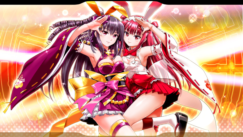 2girls arm_up armpits bare_shoulders beatmania_iidx breasts breasts_squeezed_together cleavage drill_hair goli_matsumoto hair_between_eyes hair_ornament japanese_clothes large_breasts light_smile multiple_girls non-web_source obi official_art open_hand open_mouth pink_eyes pink_hair purple_eyes purple_hair rabbit_hair_ornament sash skirt small_breasts smile thighs umegiri_ameto umegiri_hifumi