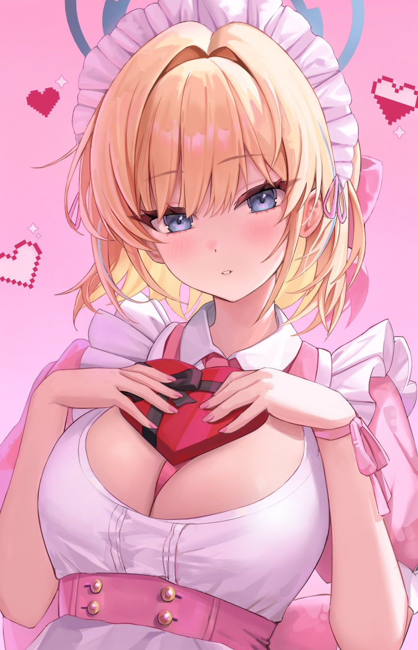 1girl adapted_costume alternate_hair_length alternate_hairstyle apron blonde_hair blue_archive blue_eyes blue_halo box breasts cleavage cleavage_cutout clothing_cutout frills halo heart heart-shaped_box highres looking_at_viewer maid_apron maid_headdress medium_breasts ochya parted_lips pink_background short_hair solo toki_(blue_archive) white_apron