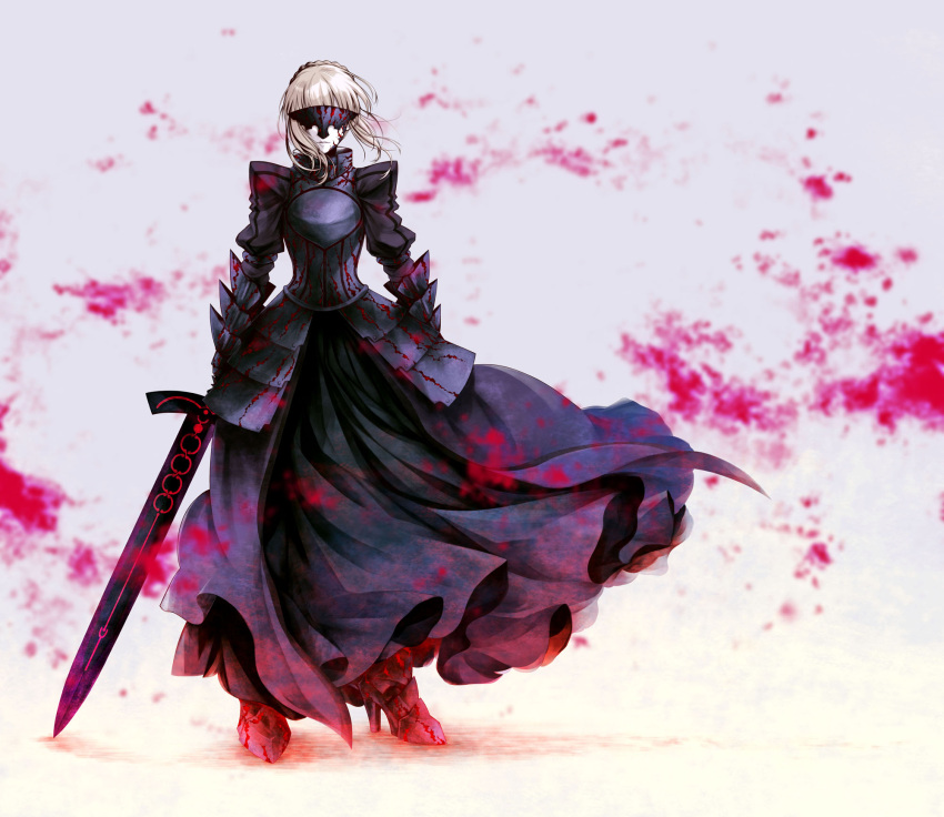 1girl armor armored_boots armored_dress artoria_pendragon_(fate) black_dress blurry blurry_background boots braid dress excalibur_morgan_(fate) facing_viewer fate/stay_night fate_(series) floating_hair full_body gauntlets grey_background high_heel_boots high_heels highres holding holding_sword holding_weapon medium_hair no_mae_(mikakatachi) parted_lips saber_alter silver_hair solo standing sword weapon