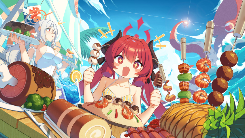 +++ 2girls animal bikini black_horns blue_archive blush braid breasts broccoli cake cup day demon_horns drink fang food fried_rice fruit grey_hair halo haruna_(blue_archive) highres holding holding_plate horns junko_(blue_archive) kotoba_(1074421015) large_breasts long_hair meat multiple_girls octopus one-piece_swimsuit open_mouth outdoors pineapple plate red_eyes red_hair red_halo sausage shrimp side_braid skin_fang small_breasts smile swimsuit swiss_roll takoyaki twintails vegetable white_one-piece_swimsuit yellow_bikini