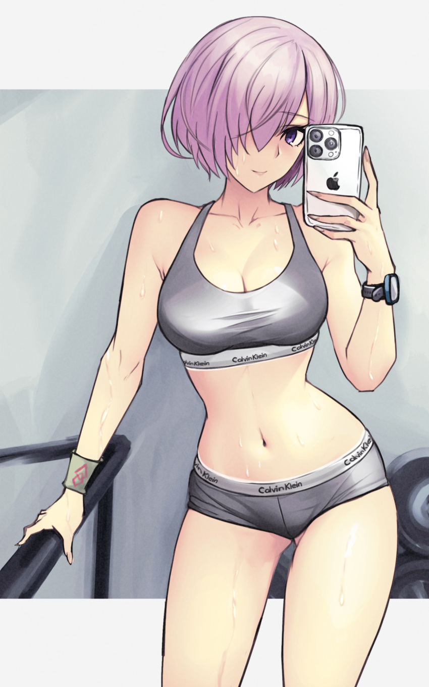 1girl bra breasts cellphone cleavage closed_mouth dynamitenatalia fate/grand_order fate_(series) grey_bra grey_panties hair_over_one_eye highres holding holding_phone large_breasts looking_at_viewer mash_kyrielight navel panties phone pink_hair purple_eyes selfie short_hair smartphone solo stomach sweat thighs underwear watch wristwatch