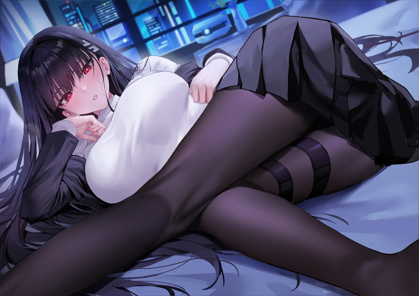1girl ass bed_sheet black_hair black_pantyhose black_skirt blue_archive blunt_bangs blush breasts building commentary_request indoors large_breasts long_hair long_sleeves looking_at_viewer lying night on_bed paid_reward_available pantyhose parted_lips rio_(blue_archive) senba_(592683801) skirt solo sweater thigh_strap white_sweater window