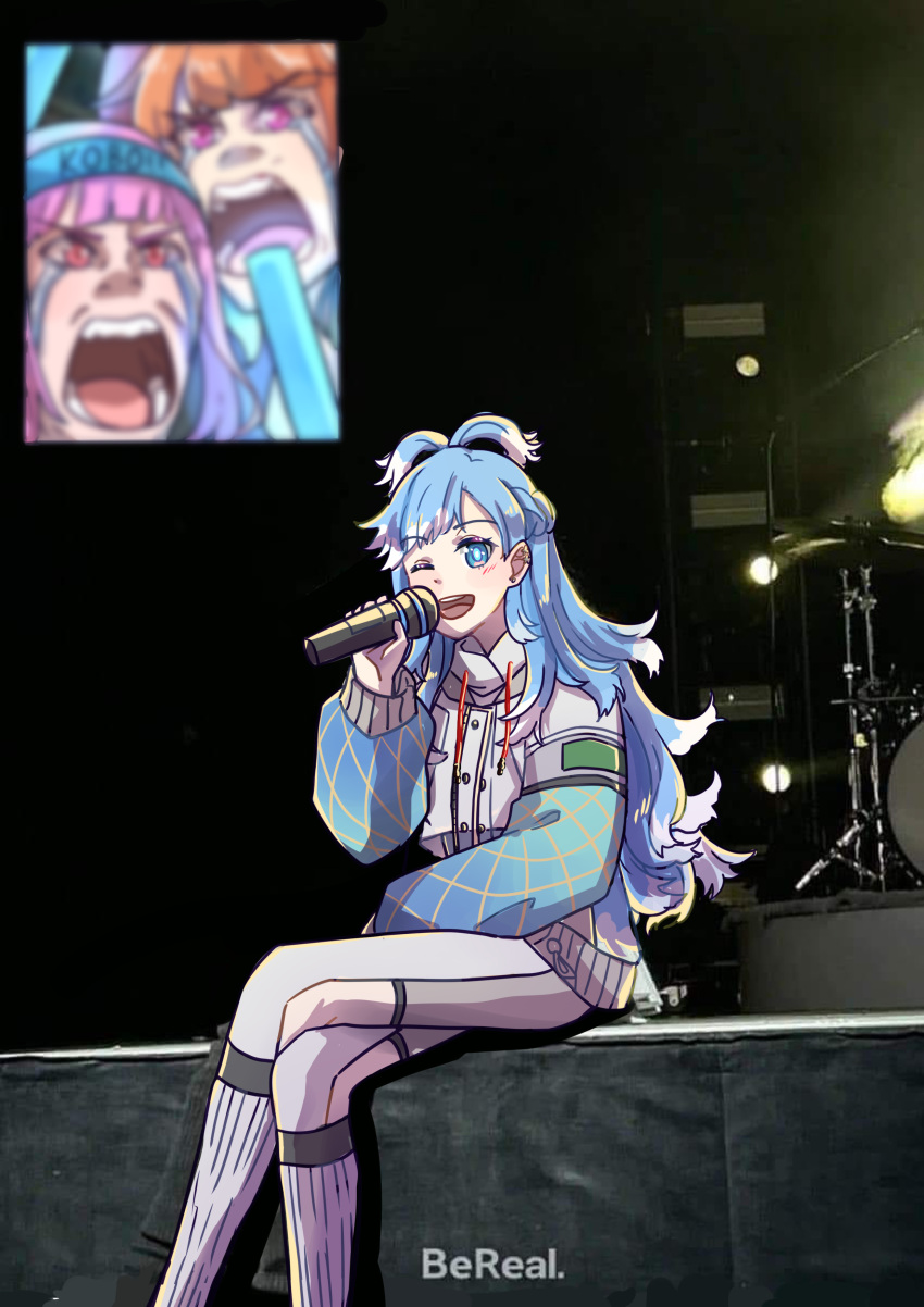 absurdres blue_eyes blue_hair colored_tips concert couple cropped_hoodie crossed_legs crying drawstring drum drum_set family fan_screaming_at_madison_beer_(meme) father_and_son glowstick hand_on_lap highres holding holding_glowstick holding_microphone hololive hololive_english hololive_indonesia hood hoodie inset instrument jacket kobo_kanaeru kobo_kanaeru_(1st_costume) liquid_hair long_hair long_sleeves looking_at_viewer meme microphone mori_calliope mother_and_daughter multicolored_hair multiple_girls music open_mouth orange_hair photo_background pink_hair purple_eyes raincoat red_eyes screaming see-through see-through_jacket singing sitting smile split_ponytail stage stage_lights streaming_tears takanashi_kiara tears two-tone_hair virtual_youtuber white_hair white_hoodie xu_chin-wen yuri