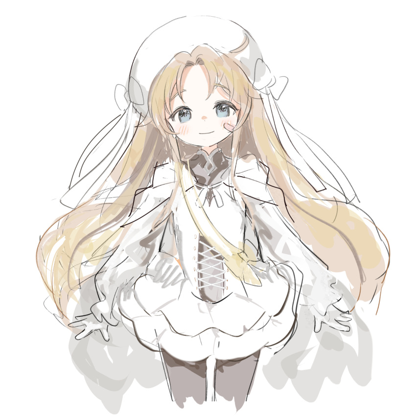 1girl absurdres blonde_hair blue_eyes blush bow cape closed_mouth colt_m851n_(girls'_frontline) cowboy_shot dress girls'_frontline hat highres looking_at_viewer nprmtp sketch skin_tight smile solo standing white_cape white_dress