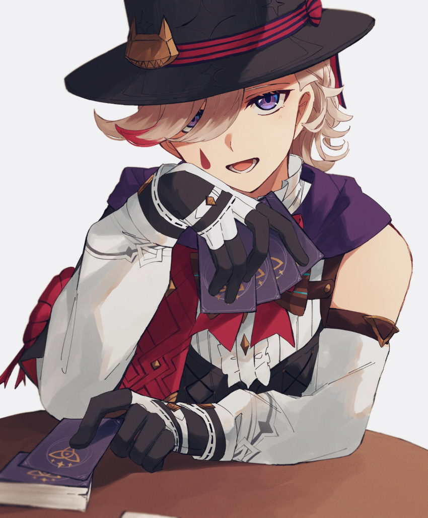 1boy bishounen black_gloves card genshin_impact gloves hat highres looking_at_viewer lyney_(genshin_impact) male_focus nekorin_chu open_mouth playing_card purple_eyes red_ribbon ribbon simple_background solo table top_hat white_background