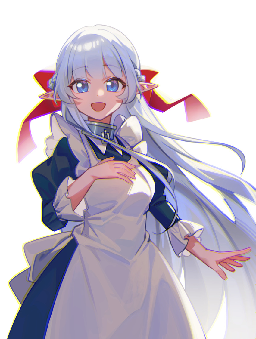 1girl apron blue_dress blue_eyes breasts collar dress elf eyebrows_hidden_by_hair hair_ribbon hand_on_own_chest highres large_ribbon long_hair looking_at_viewer maid maid_apron maou_no_ore_ga_dorei_elf_wo_yome_ni_shitanda_ga_dou_medereba_ii? medium_breasts metal_collar nephelia open_mouth pointy_ears red_ribbon ribbon simple_background smile solo upper_body user_cauw7333 very_long_hair white_apron white_background white_hair