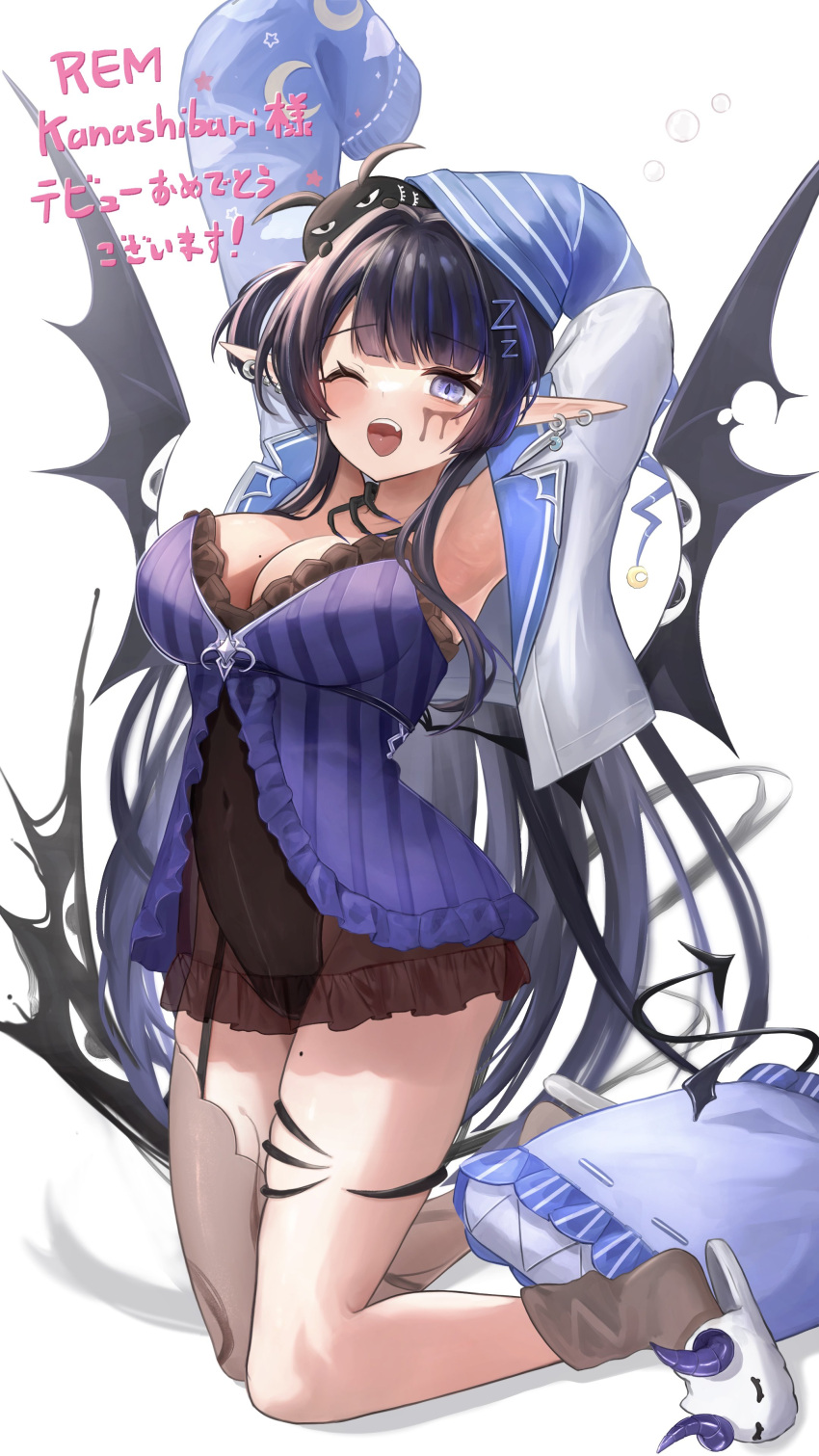 1girl absurdres arm_up armpits asymmetrical_legwear babydoll black_garter_straps black_hair black_wings blue_eyes blue_hat breasts covered_navel crescent_print demon_tail demon_wings earrings garter_straps hat highres jewelry large_breasts letter_hair_ornament maison_de_cante mole mole_on_breast mole_on_thigh multicolored_hair one_eye_closed open_mouth open_pajamas pajamas pointy_ears purple_babydoll purple_hair rem_kanashibari single_garter_strap single_sock single_thighhigh slippers socks solo star_(symbol) star_print streaked_hair stretching striped_babydoll tail thighhighs v4mirai virtual_youtuber white_pajamas wings