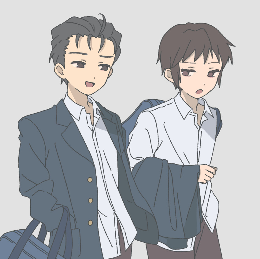 2boys bag black_eyes black_hair blazer brown_eyes brown_hair brown_pants collared_shirt green_jacket grey_background hand_in_pocket highres holding holding_bag jacket jacket_on_arm kita_high_school_uniform kyon long_sleeves looking_to_the_side male_focus multiple_boys nanonome open_clothes open_jacket pants school_bag school_uniform shirt short_hair simple_background standing suzumiya_haruhi_no_yuuutsu taniguchi_(suzumiya_haruhi) unworn_jacket white_shirt winter_uniform