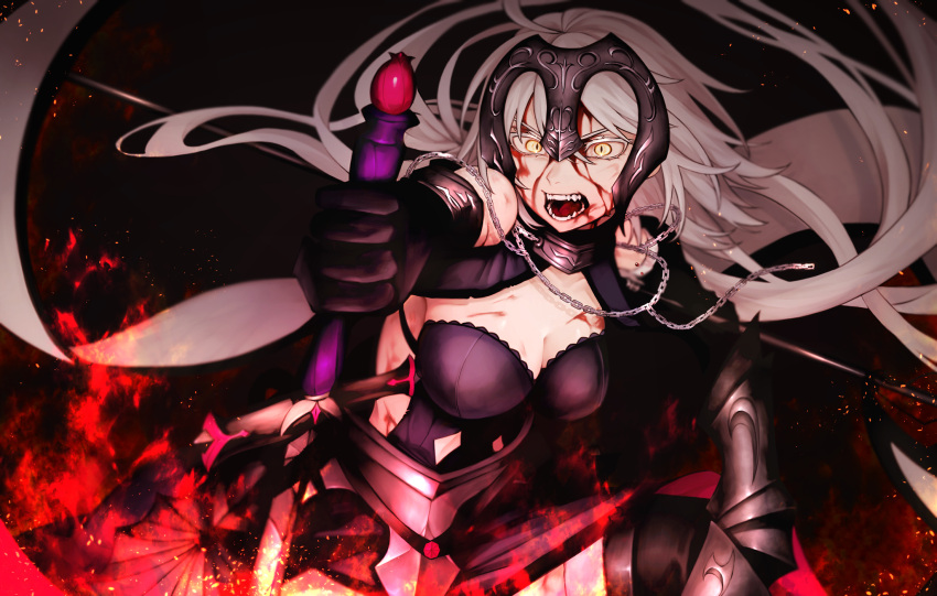 1girl armor armored_dress bare_shoulders black_gloves bleeding bleeding_from_forehead blood breasts chain cleavage clothing_cutout elbow_gloves fangs fate/grand_order fate_(series) faulds fire gauntlets gloves headpiece highres injury jeanne_d'arc_alter_(avenger)_(fate) jeanne_d'arc_alter_(avenger)_(third_ascension)_(fate) jeanne_d'arc_alter_(fate) large_breasts long_hair looking_at_viewer navel_cutout slit_pupils solo sumi_(gfgf_045) sword very_long_hair weapon yellow_eyes