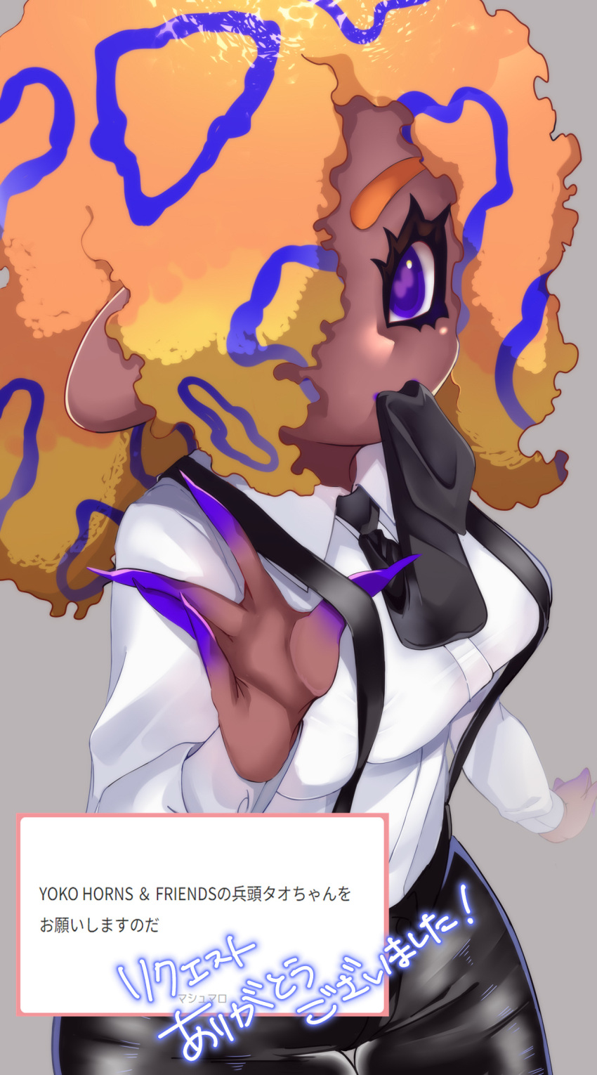 1girl black_necktie black_pants blonde_hair blue_hair breasts cephalopod_eyes collared_shirt cowboy_shot dark-skinned_female dark_skin grey_background hair_over_one_eye hand_up highres long_sleeves looking_at_viewer medium_hair mouth_hold mugyiiiii_ika multicolored_hair necktie necktie_in_mouth octoling one_eye_covered orange_hair pants purple_eyes purple_pupils request_inset shirt skindentation solo spiked_hair splatoon_(series) splatoon_3 suspenders suspenders_pull tao_blu_(splatoon) thigh_gap translation_request w white_shirt