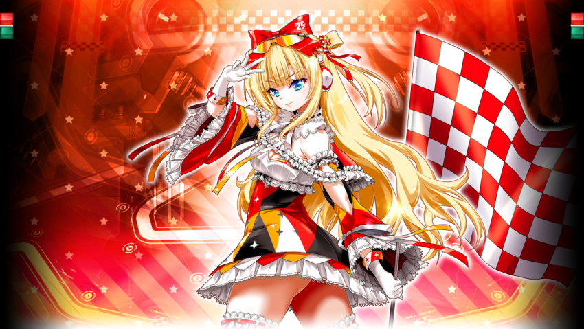 1girl bare_shoulders beatmania_iidx blonde_hair blue_eyes blunt_bangs bow breasts cleavage eyewear_on_head flag gloves goli_matsumoto hair_bow hair_ornament headphones himmel_(beatmania_iidx) holding holding_flag long_hair medium_breasts non-web_source official_art sidelocks skirt smile solo thighs white_gloves