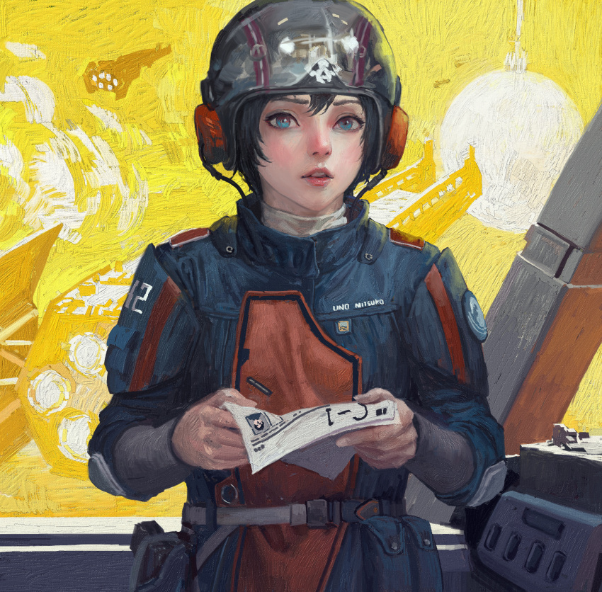 1girl armor black_hair blue_jacket c-01_permit_(helldivers) eagle_1_(helldivers) english_text helldivers_(series) helmet highres holding holding_paper indoors jacket looking_at_viewer open_mouth paper pilot_helmet pilot_suit shirt short_hair solo spacecraft white_shirt xianggang_jizhe