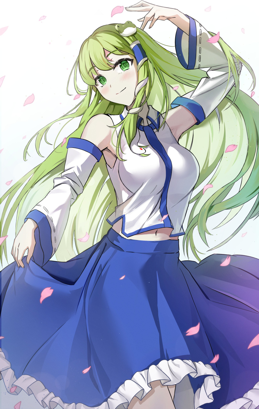 1girl absurdres arm_up bare_shoulders blue_skirt blush closed_mouth collared_shirt commentary_request cowboy_shot detached_sleeves falling_petals frilled_skirt frills frog_hair_ornament green_eyes green_hair hair_ornament highres kochiya_sanae long_hair long_sleeves looking_at_viewer midriff_peek navel petals rei_yagami ribbon-trimmed_sleeves ribbon_trim shirt single_hair_tube skirt skirt_hold sleeveless sleeveless_shirt smile snake_hair_ornament solo standing touhou white_background white_shirt white_sleeves wind