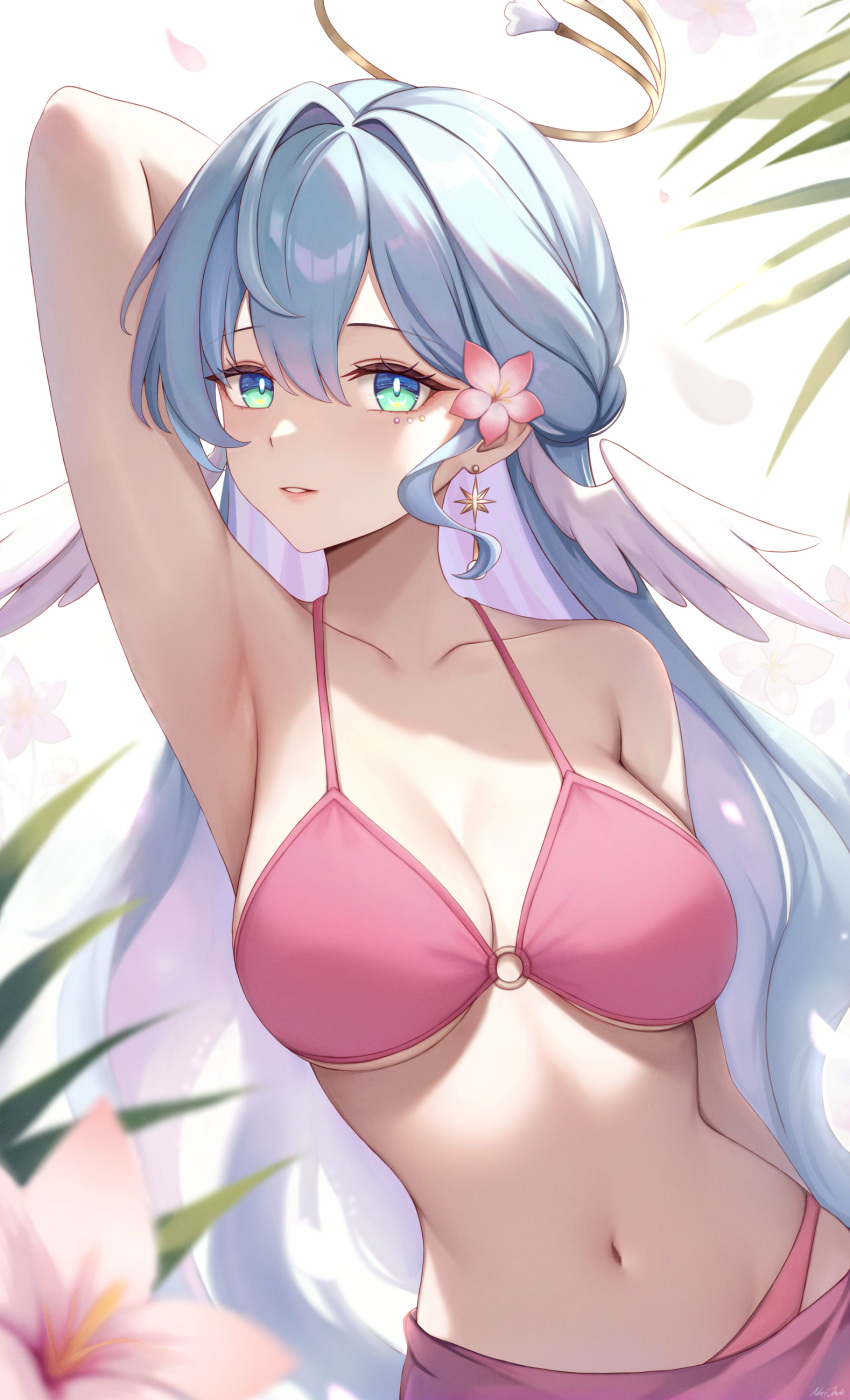 1girl absurdres aqua_eyes arm_up armpit_crease armpits bikini blue_hair breasts cleavage collarbone commentary earrings english_commentary flower hair_between_eyes hair_intakes halo head_wings highres honkai:_star_rail honkai_(series) jewel_under_eye jewelry large_breasts long_hair looking_at_viewer narijade navel parted_lips pink_bikini presenting_armpit robin_(honkai:_star_rail) sidelocks solo stomach swimsuit upper_body white_background wings