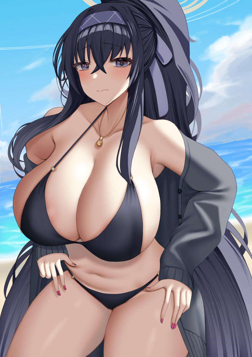 1girl alternate_breast_size bikini black_bikini black_hair blue_archive blue_hairband breasts crossed_bangs grey_jacket hairband halo highres jacket jewelry large_breasts navel necklace o-ring o-ring_bikini o-ring_top official_alternate_costume sideboob solo stomach swimsuit tomi27 ui_(blue_archive) ui_(swimsuit)_(blue_archive)