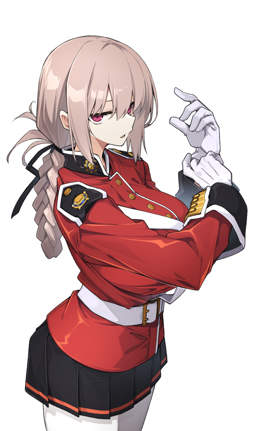 10mo 1girl belt black_skirt braid braided_ponytail breasts fate/grand_order fate_(series) florence_nightingale_(fate) folded_ponytail gloves highres jacket large_breasts long_hair long_sleeves looking_at_viewer pantyhose pink_hair red_eyes red_jacket skirt solo uniform white_gloves white_pantyhose