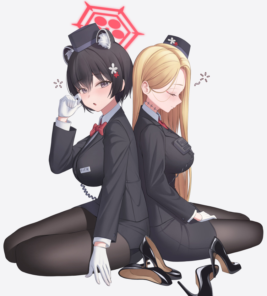 2girls absurdres animal_ears black_eyes black_footwear black_hair black_hat black_pantyhose black_skirt blonde_hair blue_archive blush breasts buttons extra_ears gloves hair_ornament halo hat high_heels highres large_breasts long_hair long_sleeves multiple_girls official_alternate_costume open_mouth pantyhose pina_(blue_archive) pina_(guide)_(blue_archive) red_halo short_hair simple_background skirt tour_guide tsubaki_(blue_archive) tsubaki_(guide)_(blue_archive) welsh_(wel_sh) white_background white_gloves