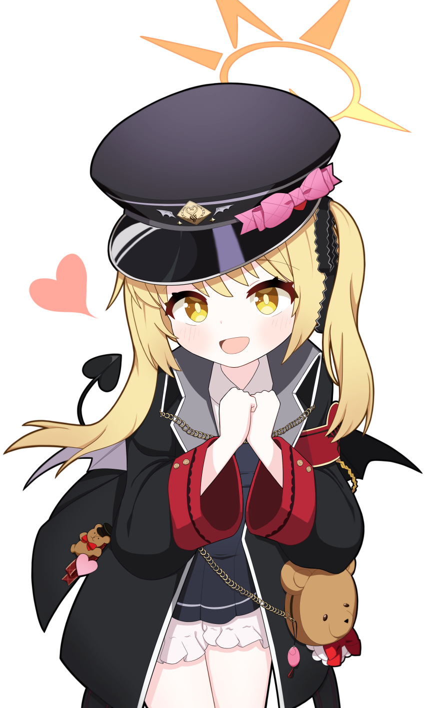 1girl absurdres black_coat black_dress black_hat black_tail black_wings blonde_hair bloomers blue_archive blush coat cowboy_shot crime_prevention_buzzer demon_tail demon_wings dress halo hat heart highres ibuki_(blue_archive) long_hair long_sleeves looking_at_viewer open_clothes open_coat open_mouth peaked_cap side_ponytail simple_background smile solo sprout_(haji_s) tail white_background white_bloomers wings yellow_eyes yellow_halo