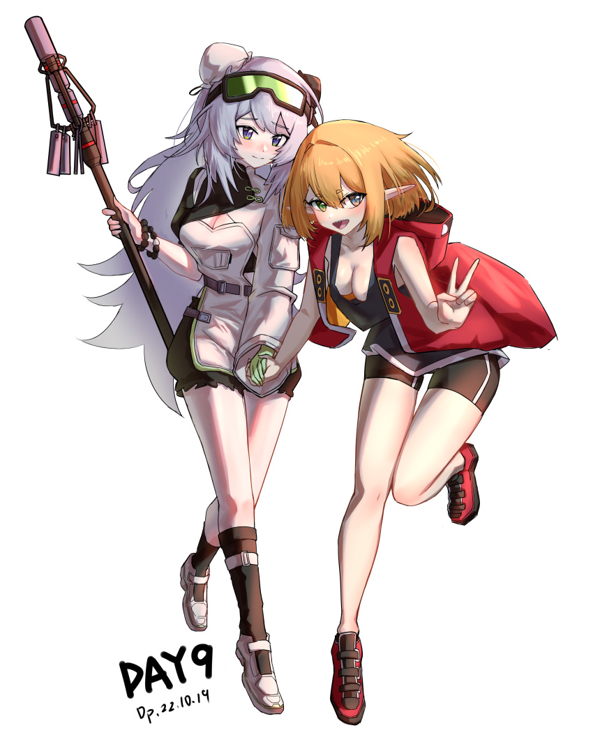 2girls absurdres arknights asymmetrical_sleeves bead_bracelet beads black_bloomers blonde_hair bloomers blush bracelet breasts bun_cover cleavage commentary_request dated double_bun gaoling_gangqin gloves goggles goggles_on_head green_gloves grey_eyes hair_bun highres holding holding_hands holding_staff jewelry long_hair looking_at_viewer medium_breasts mulberry_(arknights) mulberry_(plant_crude_drug)_(arknights) multiple_girls official_alternate_costume open_mouth original short_hair single_glove smile staff v very_long_hair white_hair