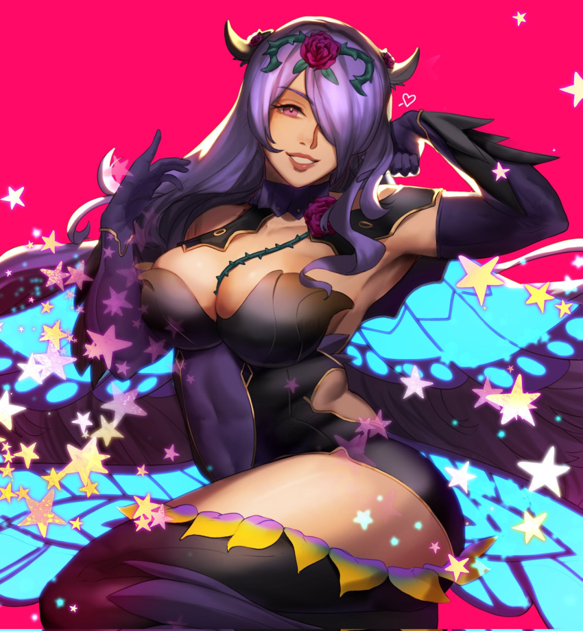 1girl alex_(cerealex) armor ass black_armor breasts camilla_(fire_emblem) cleavage elbow_gloves fire_emblem fire_emblem_fates fire_emblem_heroes gloves hair_over_one_eye highres large_breasts lips purple_eyes purple_hair smile tiara wings