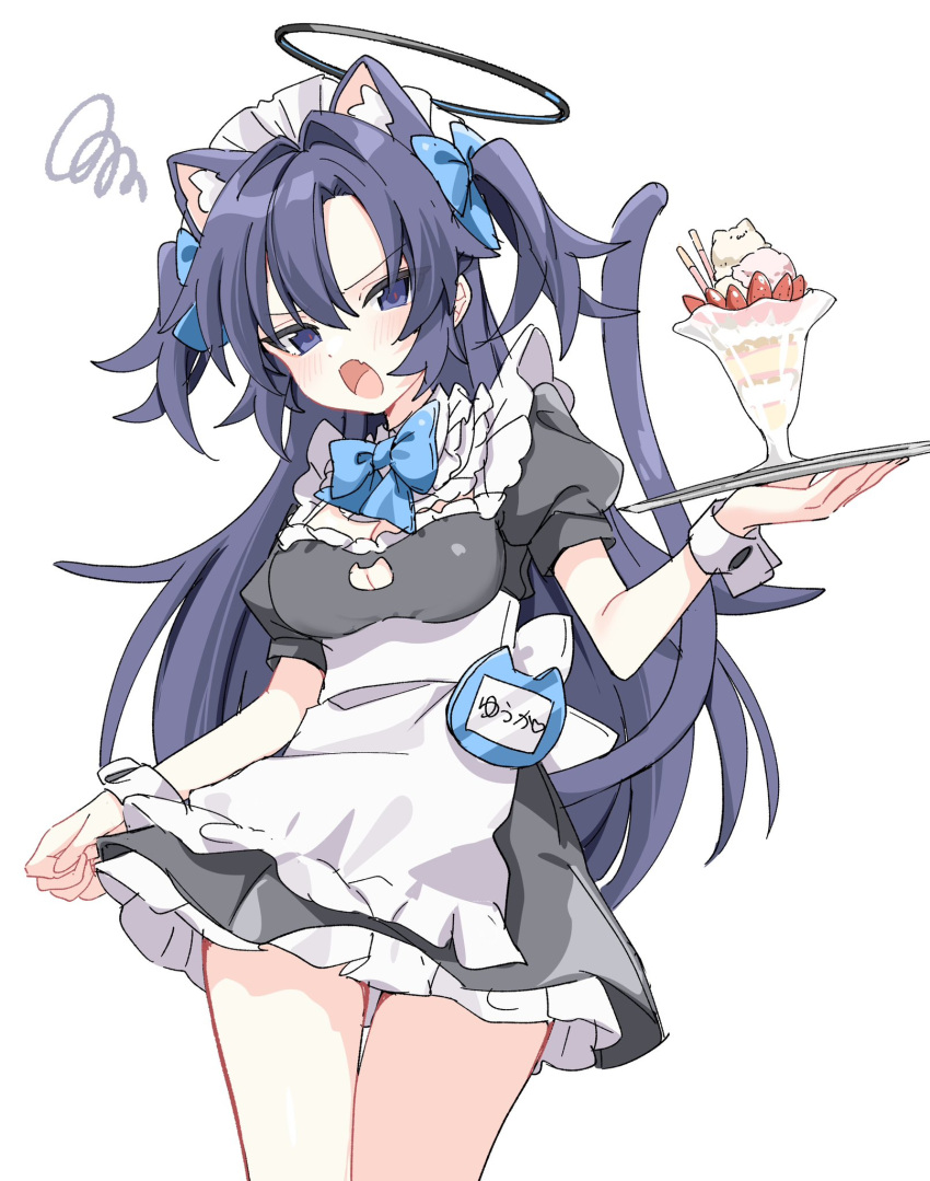 1girl alternate_costume animal_ears apron black_dress blue_archive blush breasts cat_ears cat_tail cleavage cowboy_shot dress enmaided extra_ears fang food halo highres holding holding_tray long_hair maid maid_apron maid_day maid_headdress mechanical_halo medium_breasts open_mouth parfait puffy_short_sleeves puffy_sleeves purple_eyes purple_hair sentouryoku_5 short_sleeves simple_background skin_fang solo tail tray white_apron white_background wrist_cuffs yuuka_(blue_archive)