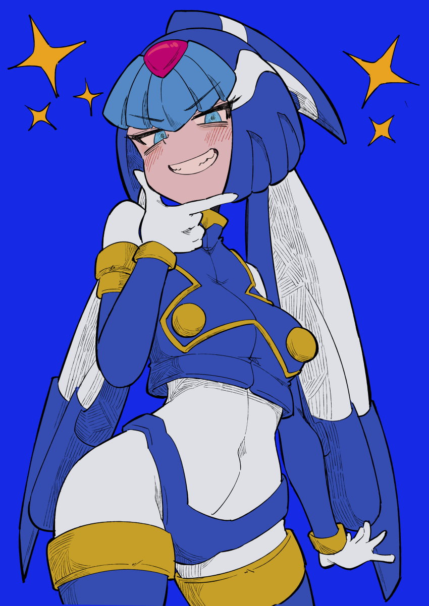 1girl absurdres android armor blue_armor blue_background blue_eyes blue_helmet blue_sleeves blush bodysuit breasts buzzlyears crop_top crotch_plate detached_sleeves fairy_leviathan_(mega_man) forehead_jewel grin helmet highres looking_at_viewer medium_breasts mega_man_(series) mega_man_zero_(series) smile solo teeth thighhighs vest white_bodysuit