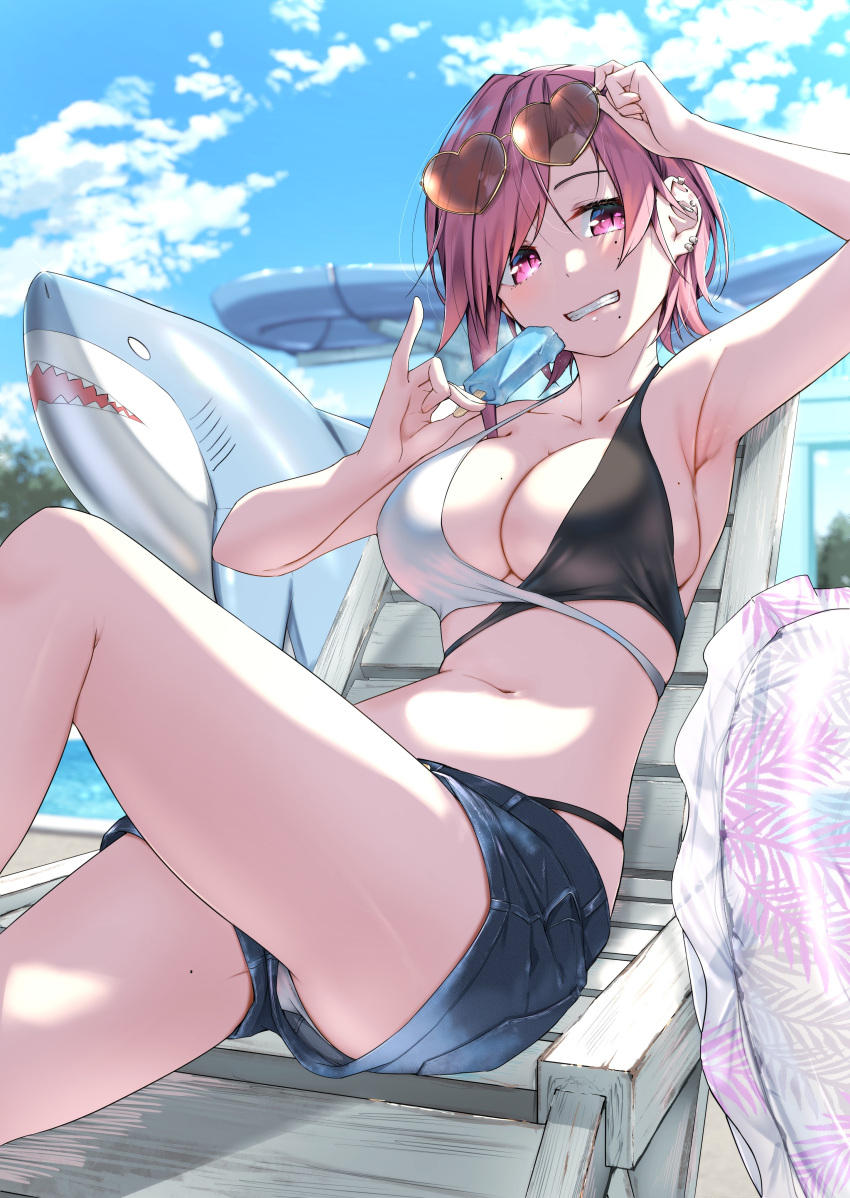 1girl absurdres adjusting_eyewear armpit_crease armpits bikini blue_sky breasts chair character_request cleavage clenched_teeth cloud collarbone denim denim_shorts earclip earrings food heart heart-shaped_eyewear highres holding holding_food holding_popsicle inflatable_shark inflatable_toy jewelry kamikakushi_no_eden large_breasts looking_at_viewer lounge_chair mole mole_on_breast mole_on_neck mole_on_thigh mole_under_eye mole_under_mouth navel outdoors panties panty_peek pink_eyes pink_hair pinky_out pool popsicle sahara386 short_hair_with_long_locks short_shorts shorts sky sling_bikini_top slit_pupils smile solo stud_earrings sunglasses swimsuit teeth two-tone_bikini underwear water_slide