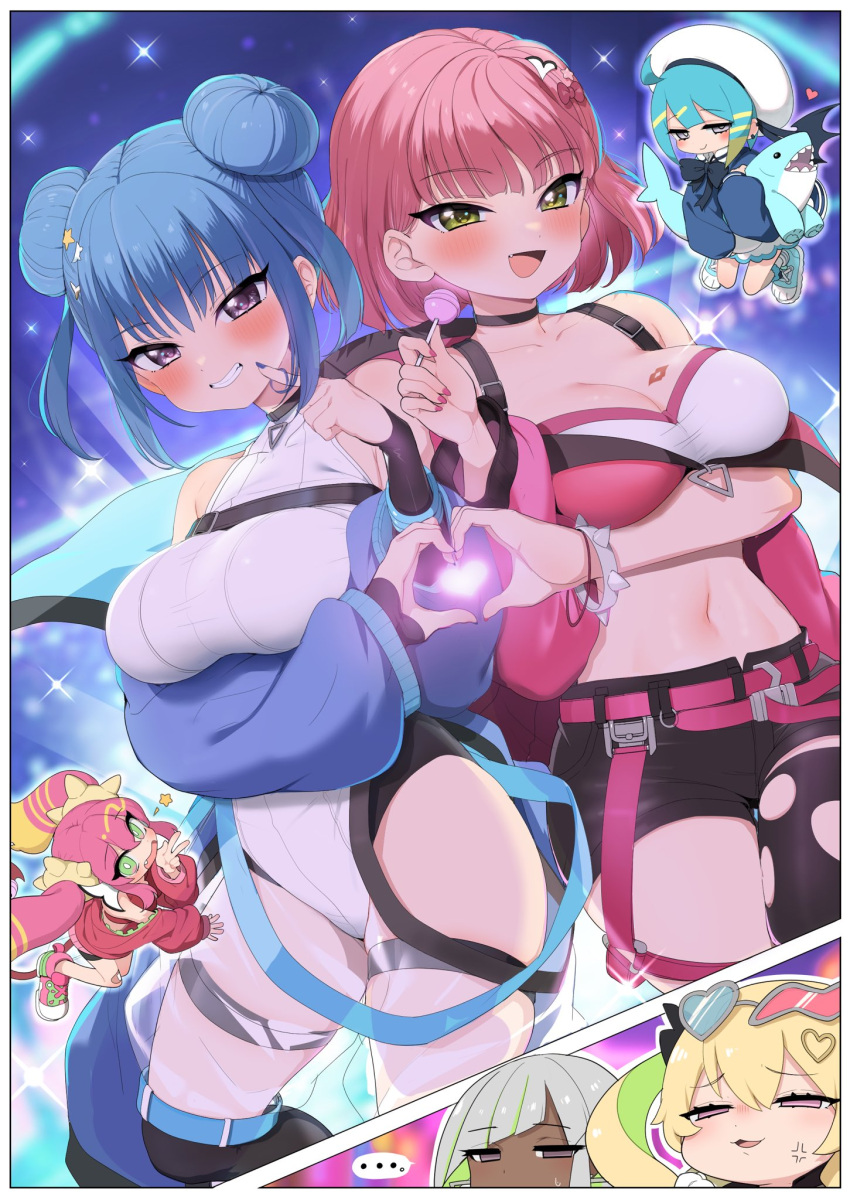 blue_eyes blue_hair breasts candy character_request double_bun duel_monster evil_twin_ki-sikil evil_twin_lil-la food gloves green_eyes hair_bun hat highres jacket ki-sikil_(yu-gi-oh!) large_breasts lil-la_(yu-gi-oh!) lollipop long_hair looking_at_viewer multiple_girls open_mouth pink_hair purple_eyes ransusan short_hair smile sunglasses thighhighs tinted_eyewear wings yu-gi-oh! yu-gi-oh!_master_duel