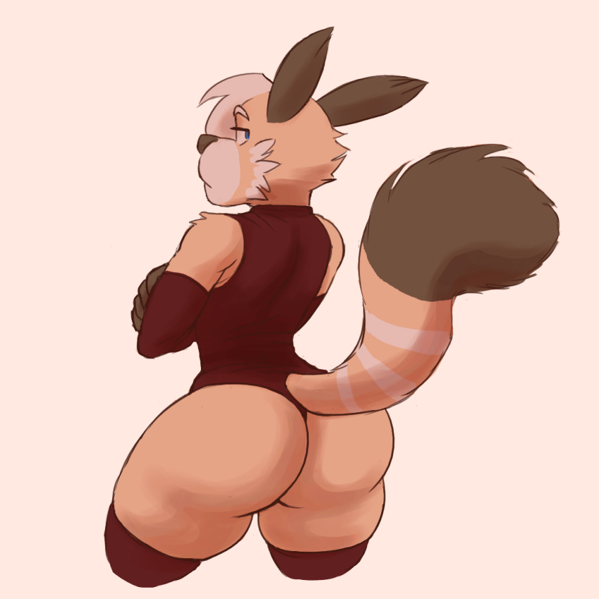 ailurid anthro blue_eyes butt clothed clothing crossed_arms fur hicanyoumooforme looking_back male mammal orange_body orange_fur pan_(hicanyoumooforme) red_panda solo white_body white_fur