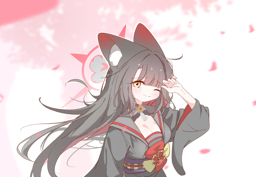 1girl animal_ear_fluff animal_ears arm_up black_hair black_kimono blue_archive breasts cleavage closed_mouth colored_inner_hair fox_ears fox_girl halo highres japanese_clothes kimono long_hair long_sleeves looking_at_viewer multicolored_hair obi one_eye_closed petals red_hair red_halo revision sash smile smsm516 solo upper_body wakamo_(blue_archive) wide_sleeves yellow_eyes