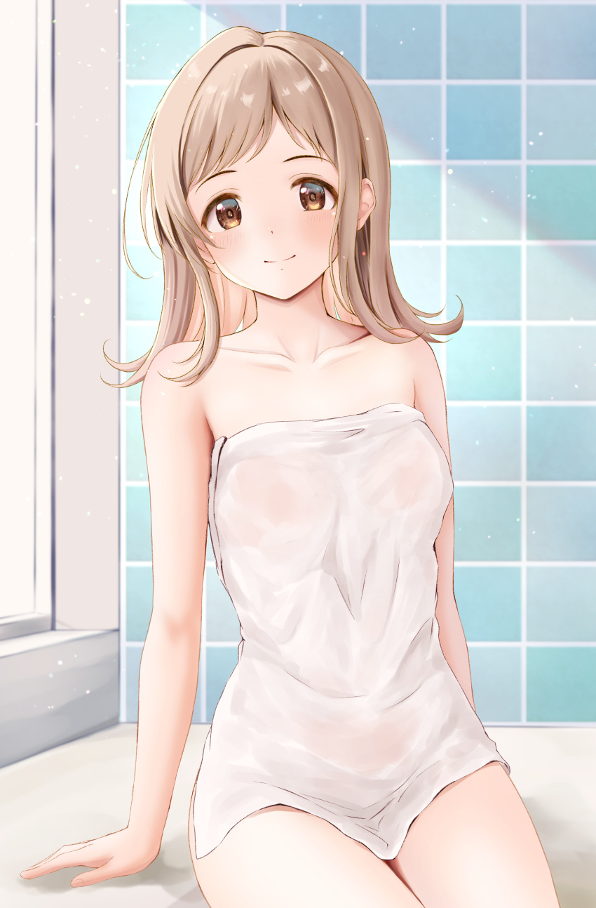 1girl absurdres arm_support bare_arms bare_shoulders bathroom breasts brown_eyes brown_hair ca_paria collarbone highres idolmaster idolmaster_shiny_colors indoors looking_at_viewer sakuragi_mano see-through short_hair sitting small_breasts smile solo swept_bangs tile_wall tiles white_towel