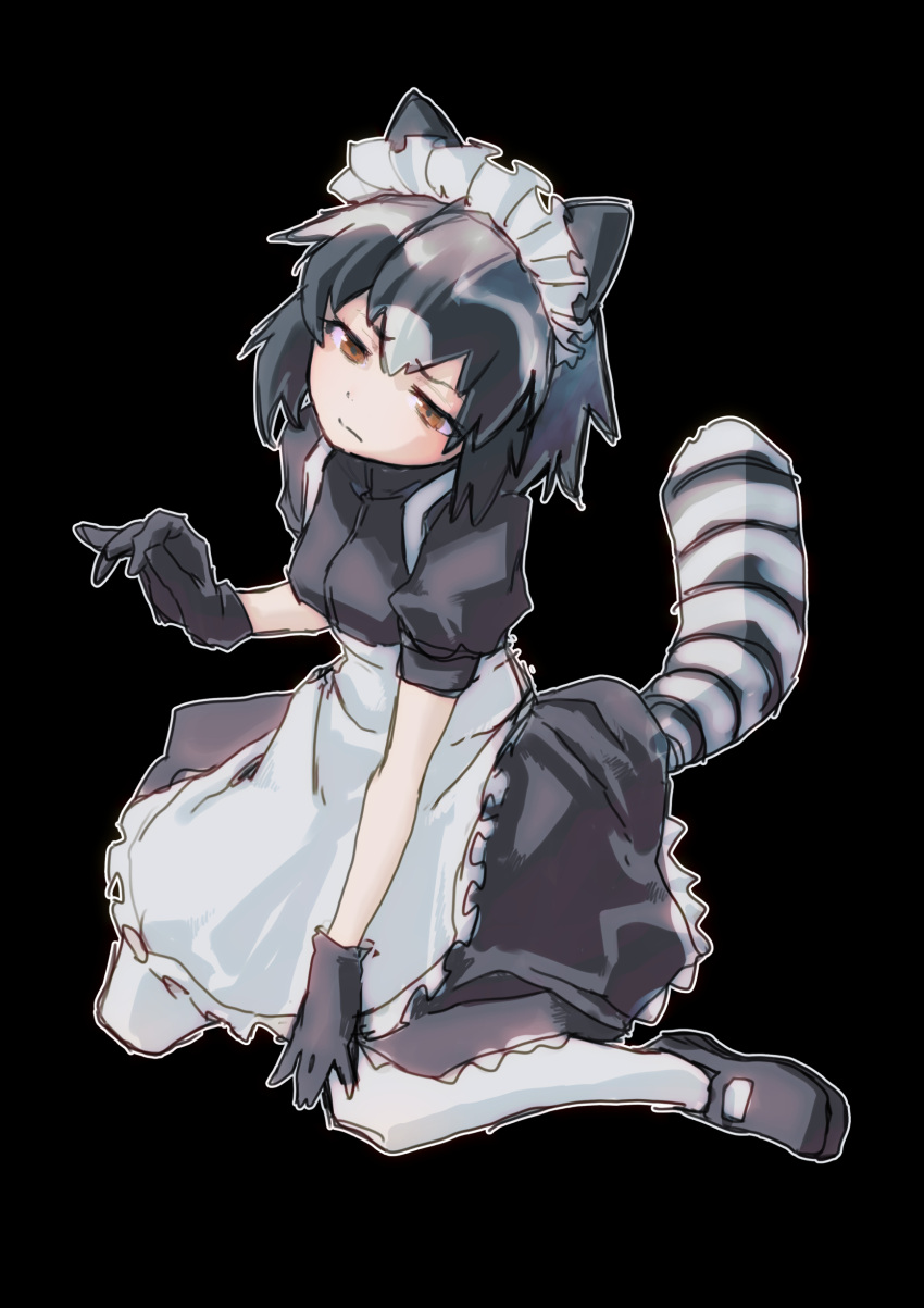 1girl absurdres alternate_costume animal_ears apron arairestaurant black_dress black_footwear black_gloves black_hair common_raccoon_(kemono_friends) dress enmaided frilled_apron frilled_dress frills gloves grey_hair highres kemono_friends maid maid_apron maid_headdress multicolored_hair orange_eyes pantyhose puffy_short_sleeves puffy_sleeves raccoon_ears raccoon_girl raccoon_tail short_hair short_sleeves sidelocks solo suspenders tail white_apron white_pantyhose