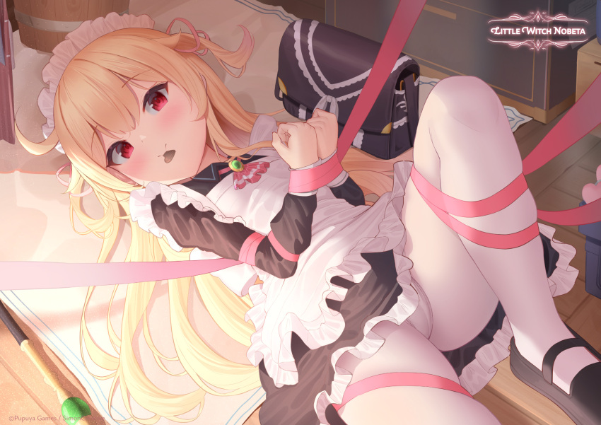 1girl alternate_costume apron bag black_footwear blonde_hair blush bound bound_arms bound_legs chocolate closed_mouth commentary copyright_name english_commentary enmaided feet_out_of_frame flat_chest food_in_mouth heart highres little_witch_nobeta long_hair long_sleeves looking_at_viewer lying maid maid_apron maid_headdress mary_janes mouth_hold nobeta on_back on_floor oopartz_yang pantyhose pink_ribbon red_eyes ribbon second-party_source shoes smile solo very_long_hair watermark white_apron white_pantyhose wooden_floor