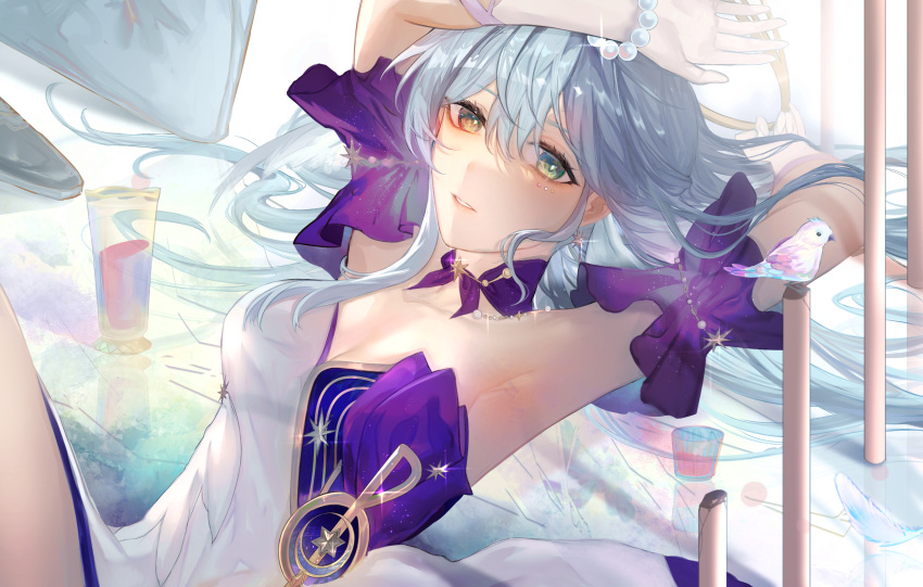 1girl aqua_eyes armpits arms_up bead_bracelet beads bird blue_hair bracelet cup detached_sleeves dress drinking_glass earrings gloves hair_between_eyes head_wings highres honkai:_star_rail honkai_(series) jewelry looking_at_viewer parted_lips pomi_(poan_dan) purple_dress robin_(honkai:_star_rail) short_sleeves solo two-tone_dress white_dress white_gloves wings