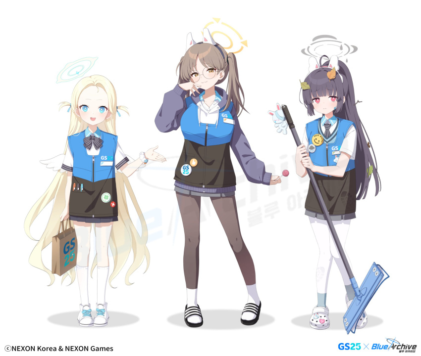 3girls ahoge angel_wings animal_ears bag black_bow black_bowtie black_hair black_necktie black_pantyhose blonde_hair blue_archive blue_eyes blue_halo blush bow bowtie breasts bright_pupils brown_eyes brown_hair candy closed_mouth collared_shirt crocs employee_uniform fake_animal_ears food full_body glasses grey_halo hair_ornament halo highres holding holding_bag holding_candy holding_food holding_mop large_breasts leaf_hair_ornament long_hair long_sleeves looking_at_viewer misyune miyu_(blue_archive) moe_(blue_archive) mop multiple_girls necktie official_alternate_costume official_art open_mouth pantyhose rabbit_ears red_eyes round_eyewear shirt shoes short_sleeves simple_background slippers smile socks socks_over_pantyhose sora_(blue_archive) twintails two_side_up uniform white_background white_footwear white_pantyhose white_pupils white_shirt white_socks white_wings wings yellow_halo