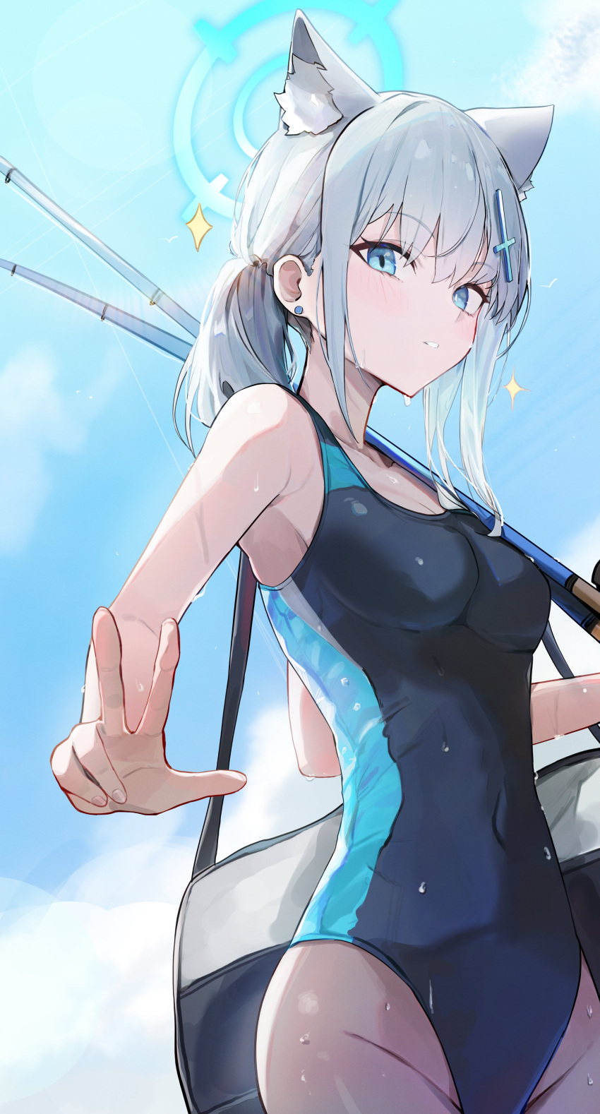 1girl absurdres animal_ear_fluff animal_ears bare_arms bare_legs bare_shoulders black_one-piece_swimsuit blanc_(whit_blanc) blue_archive blue_eyes blue_halo blush breasts cleavage collarbone competition_swimsuit cowboy_shot cross_hair_ornament extra_ears fishing_rod grey_hair grin hair_ornament halo highres looking_at_viewer medium_breasts medium_hair official_alternate_costume one-piece_swimsuit open_mouth shiroko_(blue_archive) shiroko_(swimsuit)_(blue_archive) smile solo swimsuit v wolf_ears