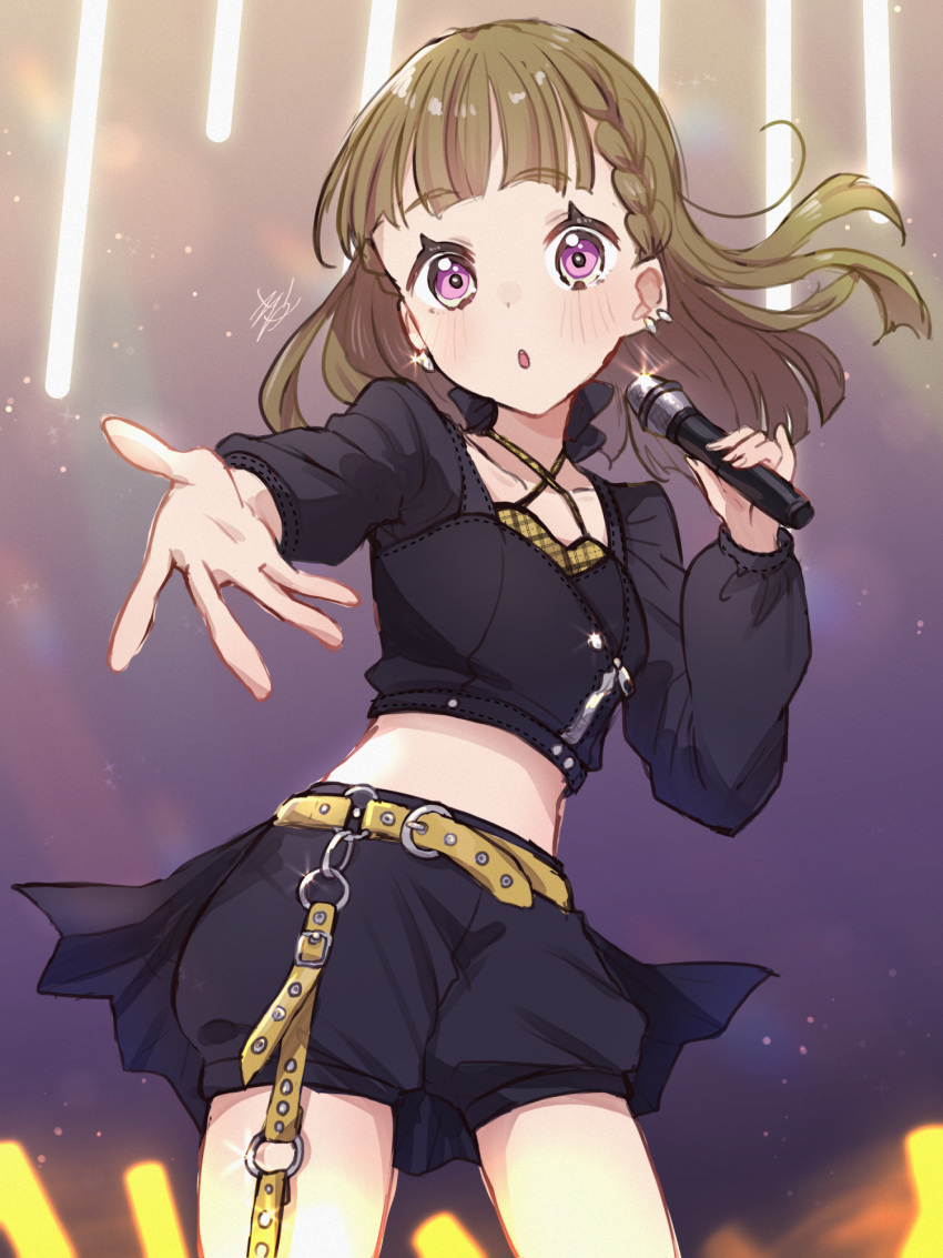 1girl :o belt black_jacket black_overskirt black_shorts blunt_bangs braid brown_hair center-flap_bangs collarbone commentary cowboy_shot criss-cross_halter cropped_jacket earrings floating_hair glowstick halter_shirt halterneck highres holding holding_microphone jacket jewelry kachimachi_kosuzu kyaku_tasu link!_like!_love_live! long_hair long_sleeves looking_at_viewer loose_hair_strand love_live! microphone midriff open_mouth outstretched_arm overskirt penlight_(glowstick) pink_eyes purple_background shirt short_shorts shorts side_braids signature solo straight_hair tragic_drops_(love_live!) virtual_youtuber white_shirt yellow_belt