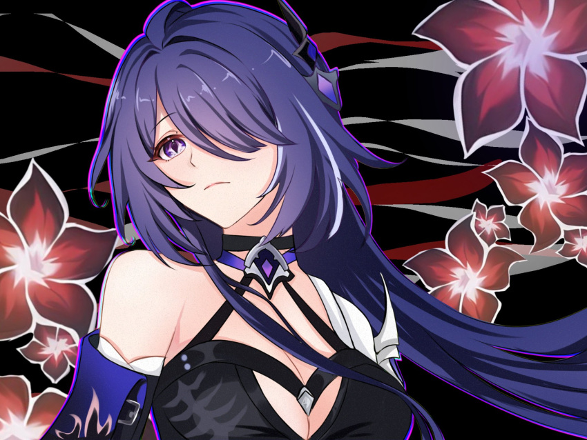 1girl acheron_(honkai:_star_rail) aiyayaie armor bandaged_arm bandages black_background black_choker breasts choker cleavage coat commentary criss-cross_halter diamond-shaped_pupils diamond_(shape) english_commentary flower frown hair_intakes hair_ornament hair_over_one_eye halterneck highres honkai:_star_rail honkai_(series) large_breasts long_hair looking_to_the_side multicolored_hair purple_eyes purple_hair red_flower shoulder_armor single_bare_shoulder solo streaked_hair symbol-shaped_pupils white_coat