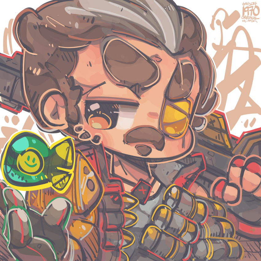 1boy 30-30_repeater absurdres animification apex_legends black_vest bomb explosive facial_hair fingerless_gloves frown fuse_(apex_legends) gloves grey_shirt gun hair_behind_ear highres holding holding_gun holding_weapon jewelry jrpencil male_focus mechanical_arms multicolored_hair mustache necklace over_shoulder red_gloves shirt single_glove single_mechanical_arm solo soul_patch streaked_hair thick_eyebrows v-shaped_eyebrows vest weapon weapon_over_shoulder