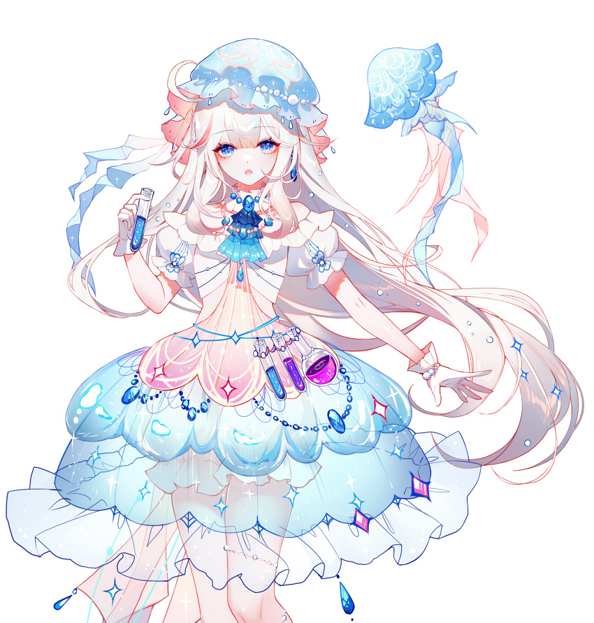 1girl :o ahoge ascot bare_shoulders blue_ascot blue_eyes brooch commentary dress feet_out_of_frame hat highres jellyfish jewelry long_hair looking_at_viewer mob_cap off-shoulder_dress off_shoulder open_mouth original sheya solo standing very_long_hair white_hair