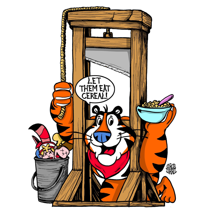 anthro bowl cereal container cutlery felid food frosted_flakes guillotine hi_res kellogg's kitchen_utensils male mammal mascot pantherine smile smiling_at_viewer solo spoon tiger tony_the_tiger tools unknown_artist