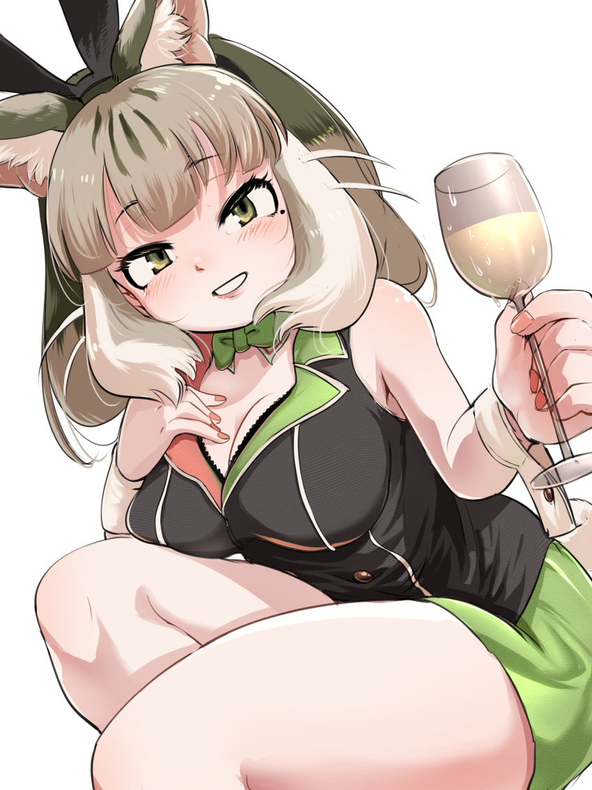 1girl absurdres alcohol animal_ears bare_shoulders bow bowtie bunny_garden cat_ears cat_girl cup drinking_glass extra_ears green_eyes grey_hair highres jacket jungle_cat_(kemono_friends) kemono_friends kemono_friends_v_project long_hair looking_at_viewer mcgunngu parody rabbit_ears simple_background skirt sleeveless solo tail virtual_youtuber wrist_cuffs