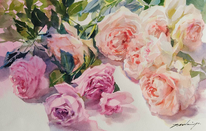 flower flower_focus highres leaf light no_humans original painting_(medium) pink_flower pink_rose plant plant_focus realistic rose shadow signature still_life traditional_media tsukiyo_ono watercolor_(medium)