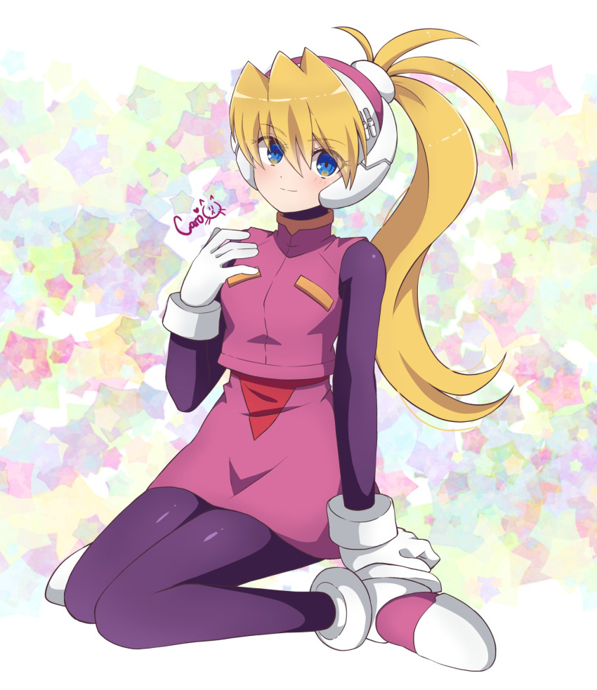 1girl artist_name black_bodysuit blonde_hair blue_eyes bodysuit bodysuit_under_clothes caro-xy ciel_(mega_man) full_body high-waist_skirt high_ponytail highres long_hair looking_at_viewer mega_man_(series) mega_man_zero_(series) pink_helmet pink_shirt pink_skirt shirt skirt smile solo star_(symbol)