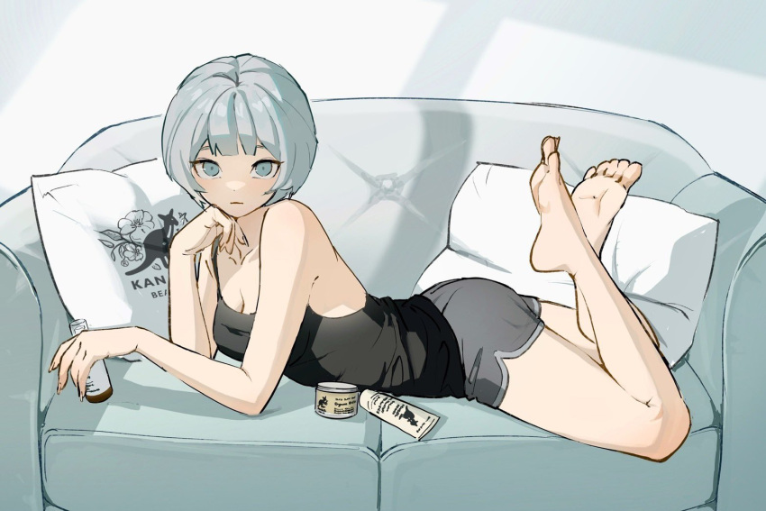 1girl bare_arms bare_shoulders barefoot black_shirt blue_eyes breasts cleavage closed_mouth collarbone fingernails full_body grey_hair grey_shorts hair_between_eyes indoors kimura_731 legs looking_at_viewer lying medium_breasts on_bench on_stomach original pillow shadow shirt short_hair shorts skincare sleeveless solo toes window_shadow