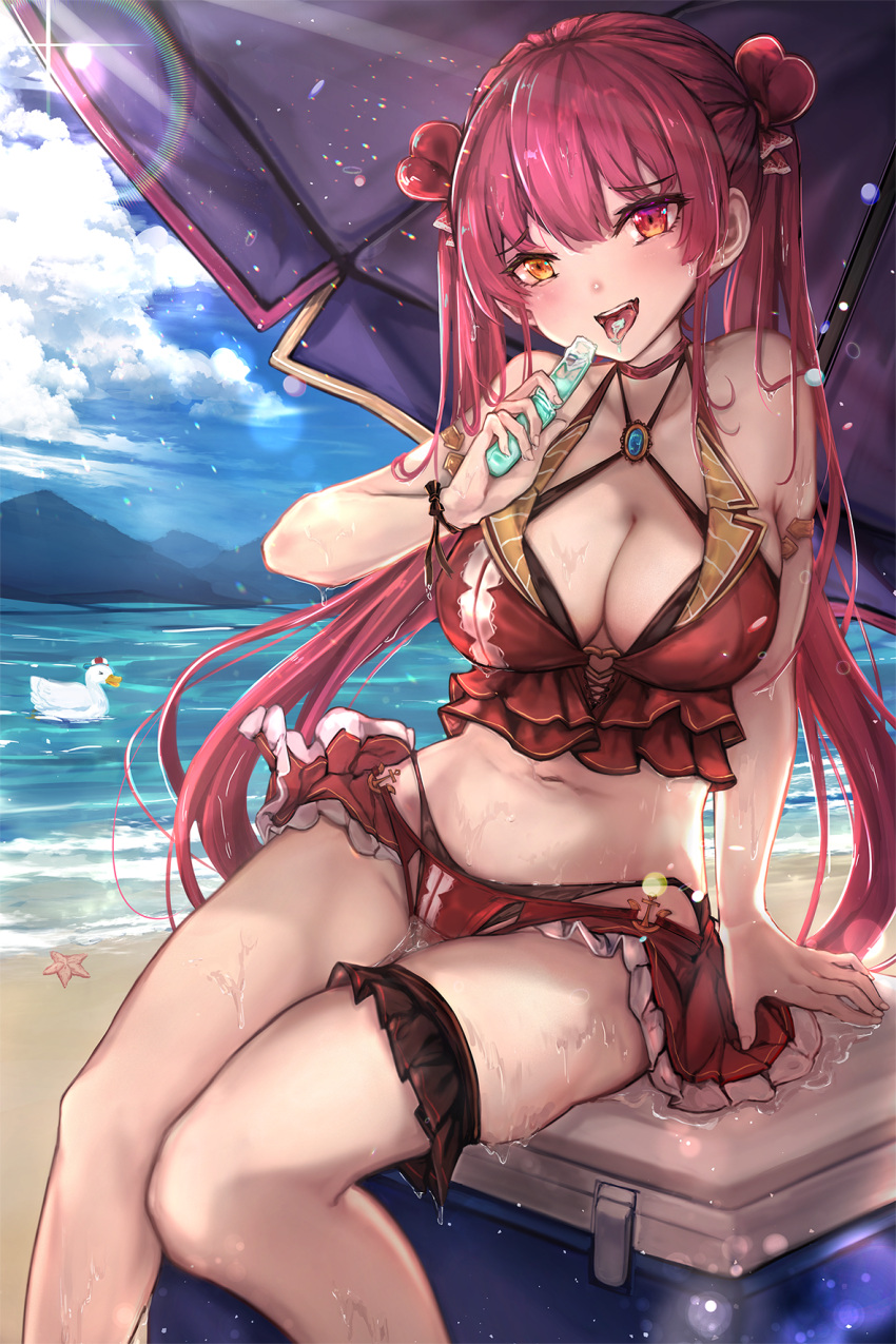 1 armlet bare_shoulders beach beach_umbrella bikini breasts cleavage cloud cooler food henny60225 heterochromia highres hololive houshou_marine large_breasts lens_flare long_hair mountain navel open_mouth popsicle red_hair red_skirt skirt solo subaru_duck swimsuit thigh_strap twintails umbrella very_long_hair virtual_youtuber water